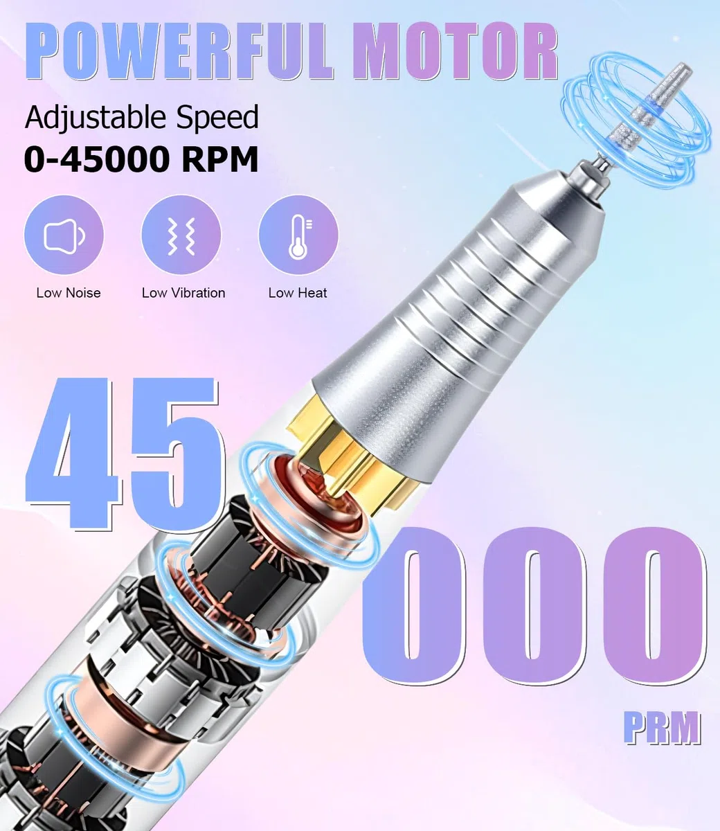 Torno para Uñas, 45,000RPM Profesional Lima Electrica Uñas, Velocidad Ajustable,Set de Accesorios para Manicura y Pedicura con Brocas de Cerámica,para Uso Doméstico Salones de Uñas