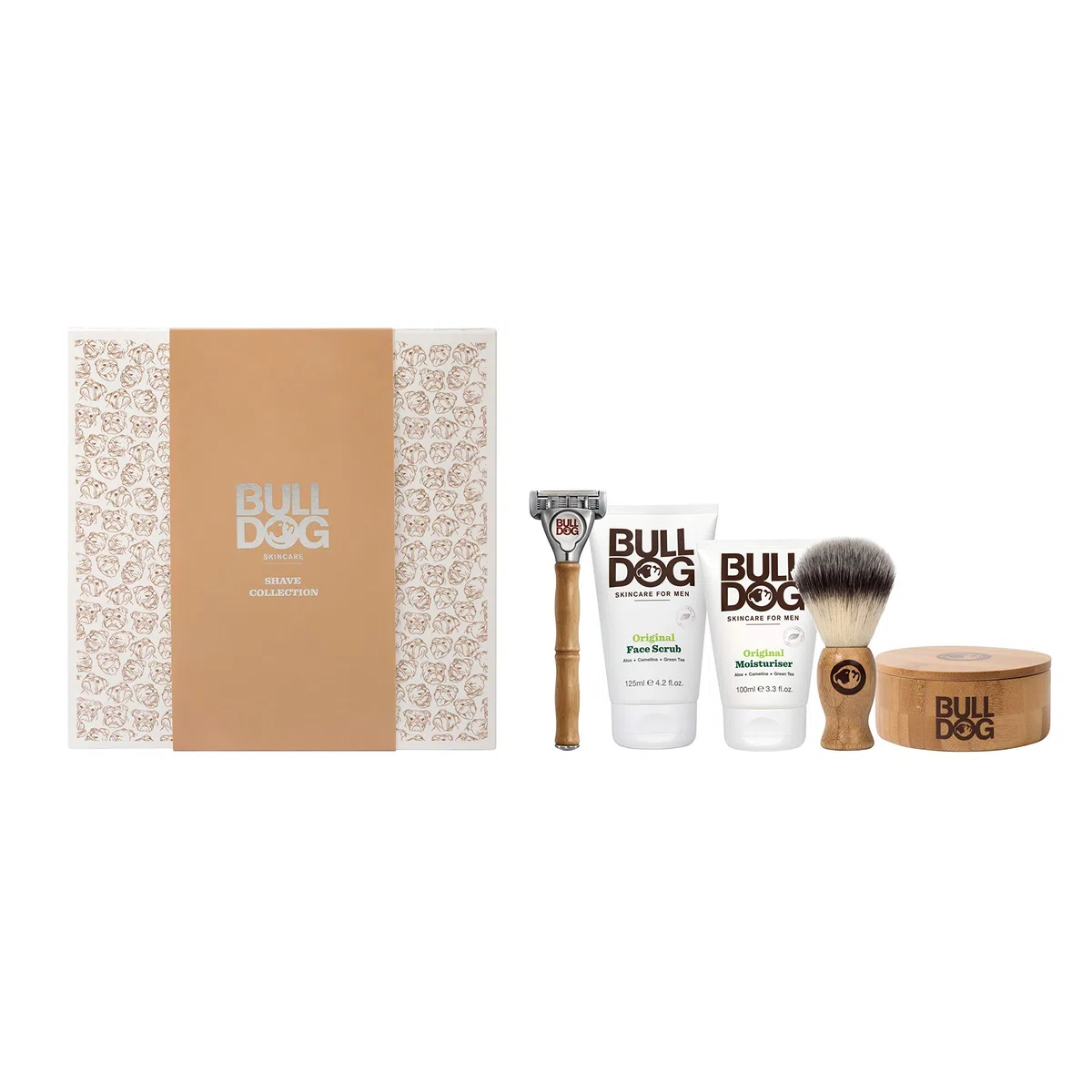 Bulldog Skincare-Kit Shave Collection - Incluye Maquinilla Original Bambú de 5 Hojas + Exfoliante Facial 125 ml + Crema Facial Hidratante 100 ml+ Brocha de Afeitar + Jabón de Afeitado 100 g + Bolsa