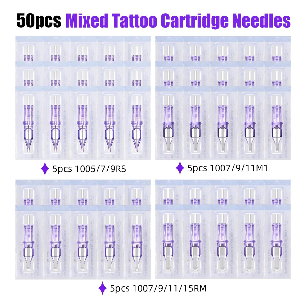 ATOMUS 50pcs Purple Tattoo Cartridge Needles 5pcs 1005RS 7RS 9S 7M1 9M1 11M1 7RM 9RM 11RM 15RM Tattoo Needles for Tattoo Gun Pen Shader Pattern for Pen Rotary Machine Tattoo Supplies