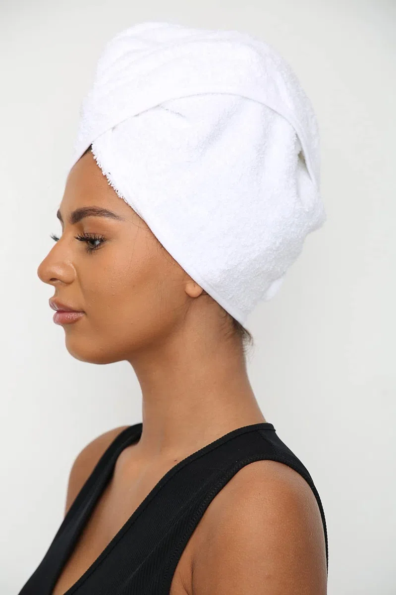 Toallas de secado del cabello, 100% puro de rizo de algodón, toalla de cabello suave, envoltura de cabello torcido, gorro de pelo, toallas de spa con lazo y botón para pelos largos (blanco)