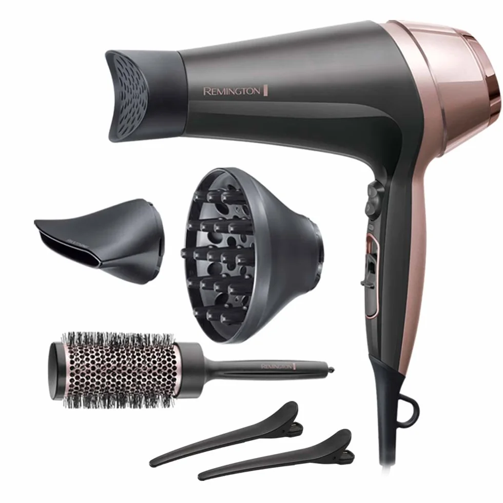Remington Secador de Pelo Curl & Straight Confidence, 2 en 1 Alisa y Riza, Iónico, 2200 W, 2 Concentradores, 1 Difusor y Cepillo de Barril, 3 Temperaturas, 2 Velocidades, Color Negro Y Rosa, D5707