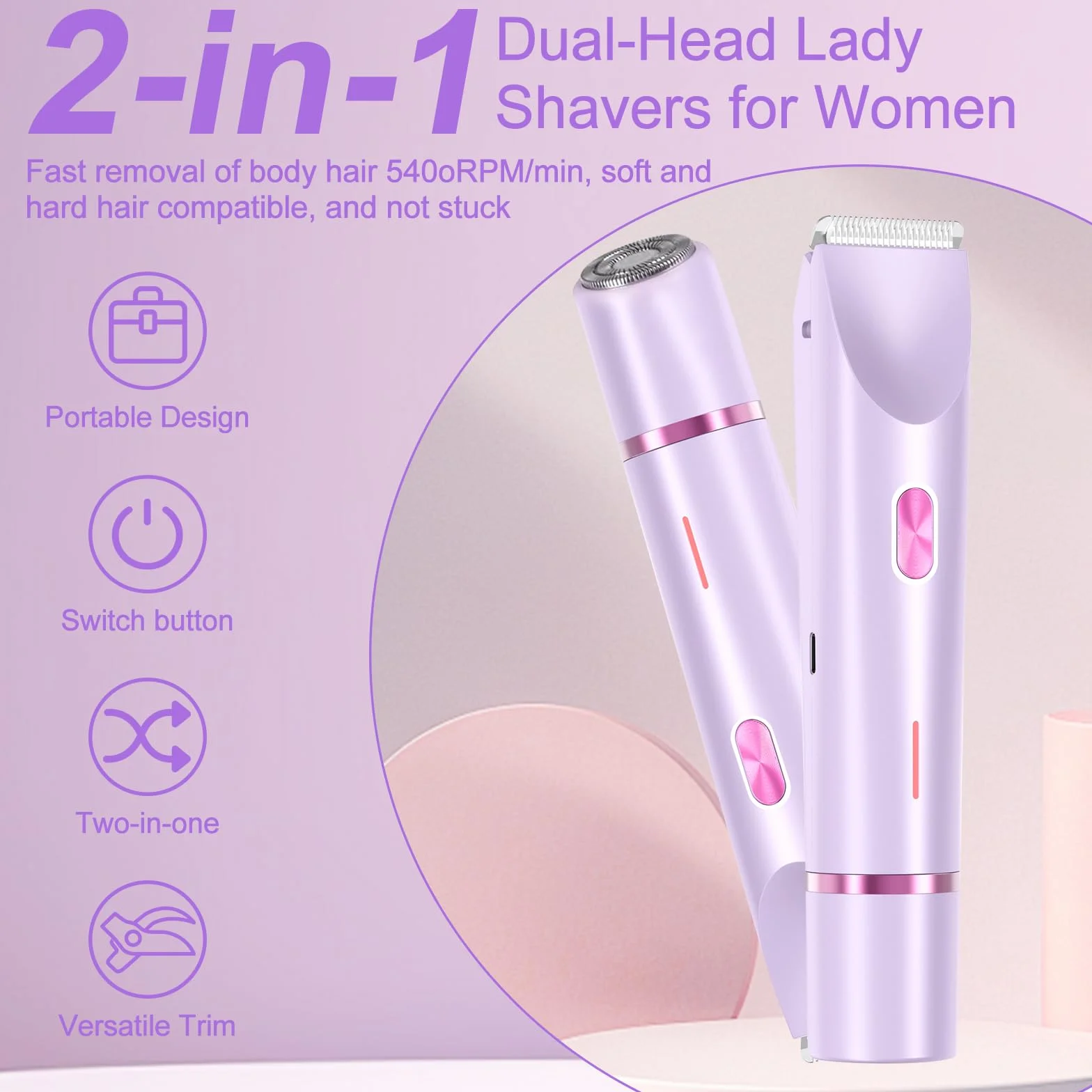 Afeitadora Mujer, 2 en 1 Rasuradora, Impermeable IPX7 Recortadora Mujer zona Intima, Impermeable, Recargable, para Cuerpo, Cara, Uso Húmedo y Seco(Morado)