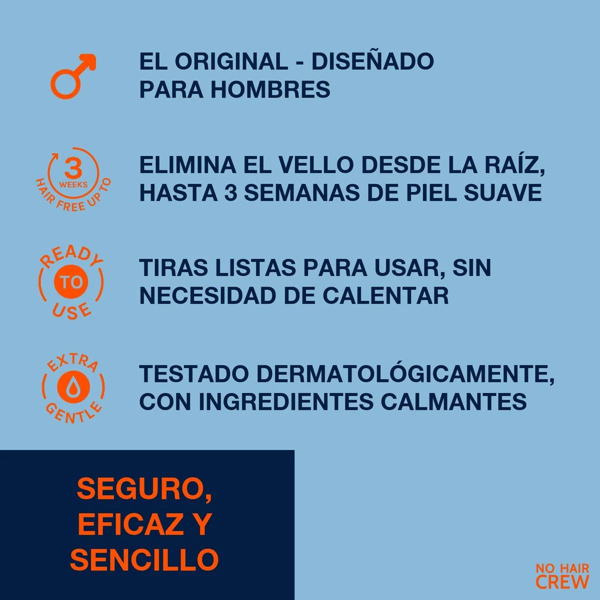 NO HAIR CREW 3x20 Bandas Depilatorias Hombre – Hasta 3 Semanas Sin Vello | Para pecho, espalda, brazos y piernas. Elimina el vello de raíz para una piel suave y un crecimiento más suave.