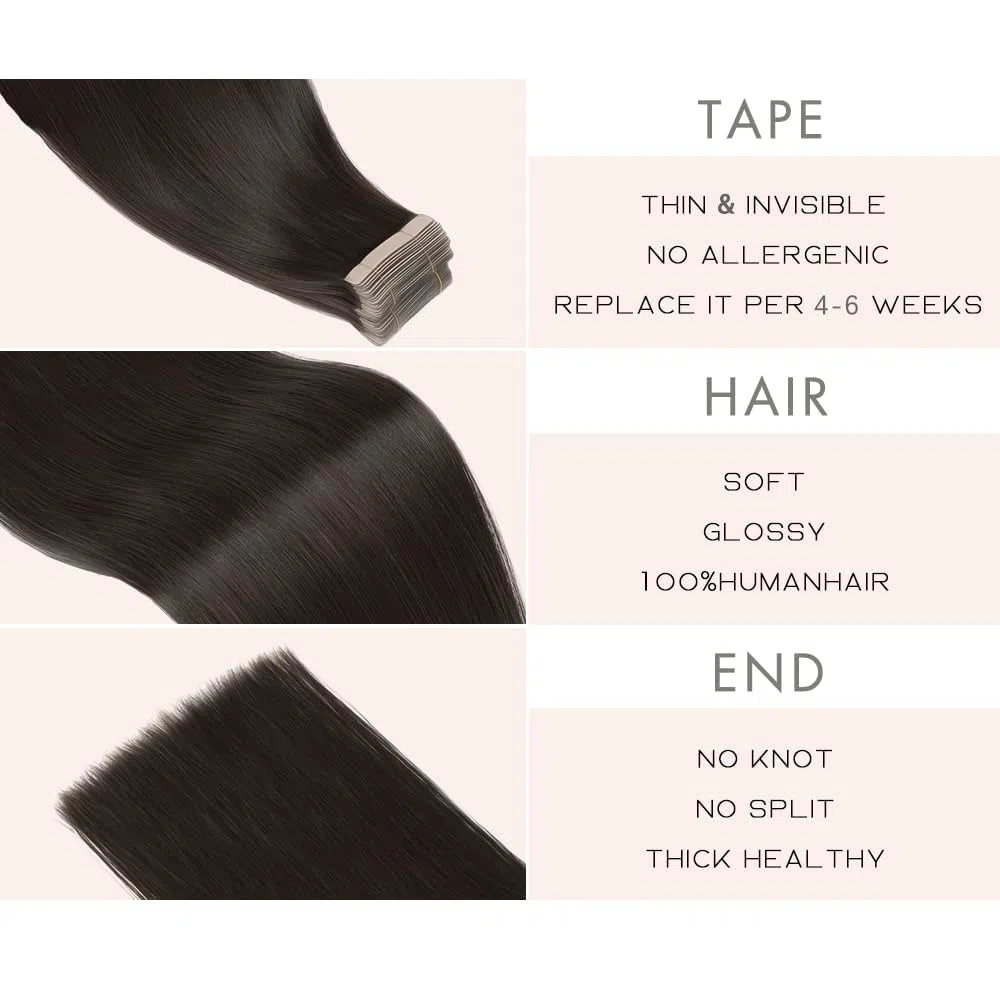 YDDM Extensiones Adhesivas Pelo Natural 20pcs 35cm 40g Negro - Extensiones De Cabello Humano (14 Pulgadas, 1B#)