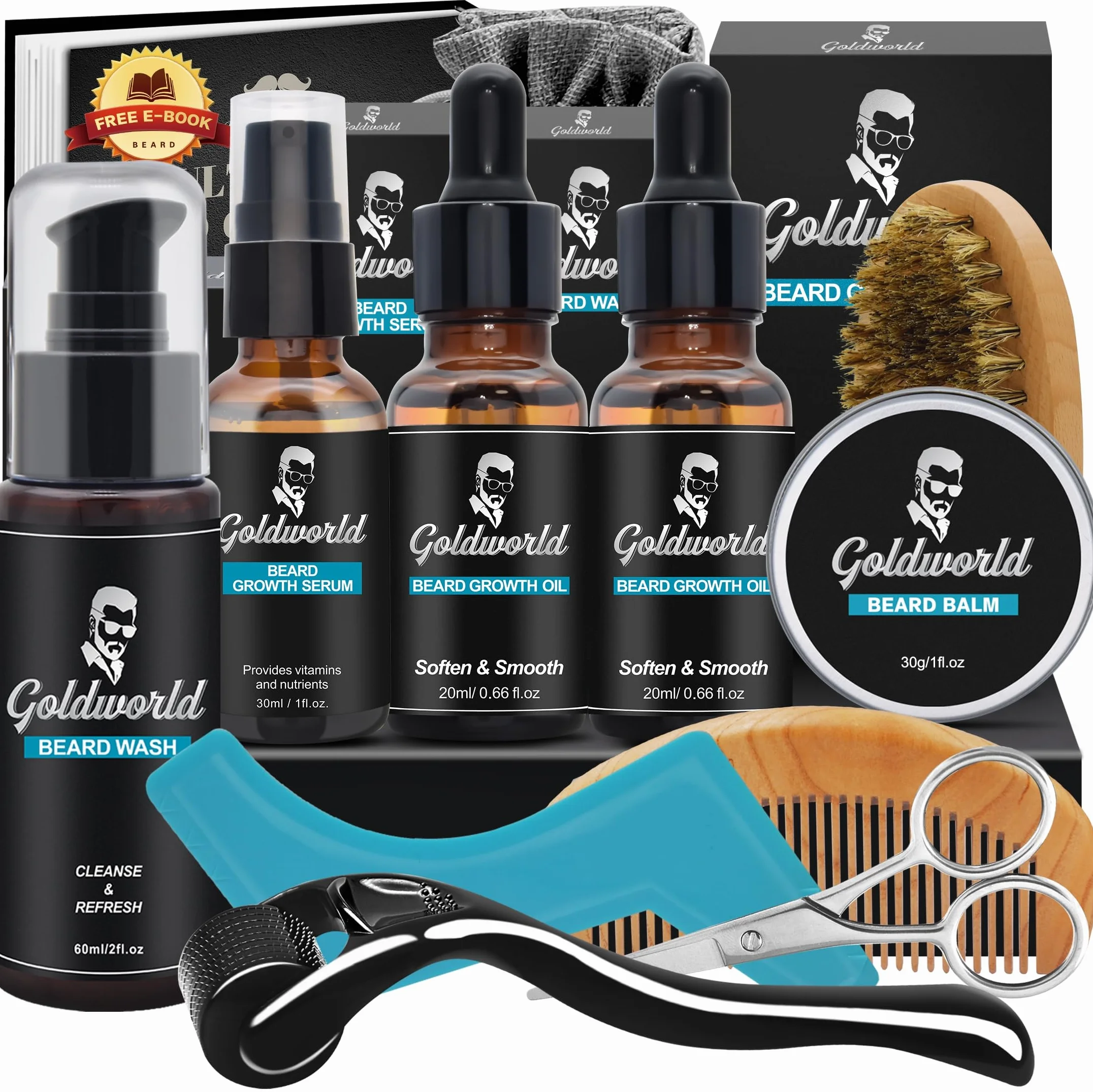 Kit de cuidado de barba para hombres con aceite,cepillo, peine,champú,bálsamo para barba,corte de hu zi,bolsa de almacenamiento esencia de barba - Regalo original para hombres,Navidad y Día del Padre