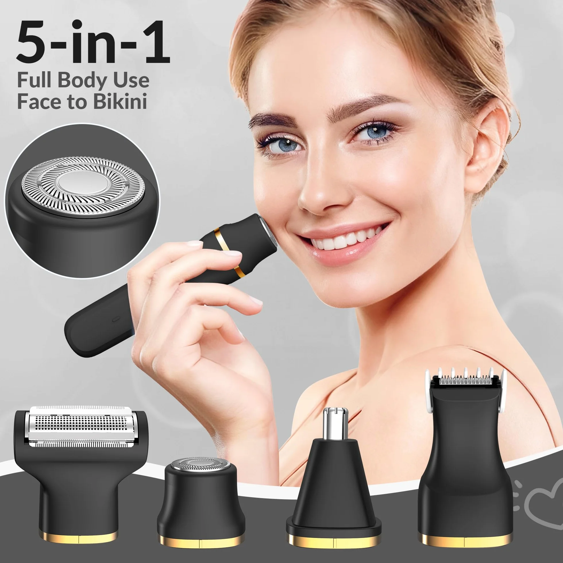 5-en-1 Recortadora de Bikini para Mujeres, Afeitadora Eléctrica a Prueba de Agua IPX7, Máquinas de Afeitar Corporal y Facial Inalámbricas, Kit de Depilación Indolora, Negro