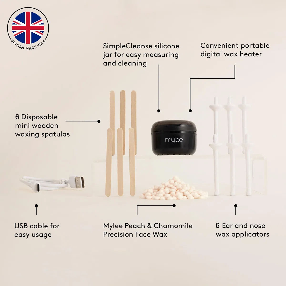 Mylee Kit de Cera Let's Face It - Kit de Depilación Facial con Mini Calentador Negro USB, Cera de Precisión 50g (Melocotón y Manzanilla), Espátulas de Cera, Aplicadores de Cera para Oídos y Nariz