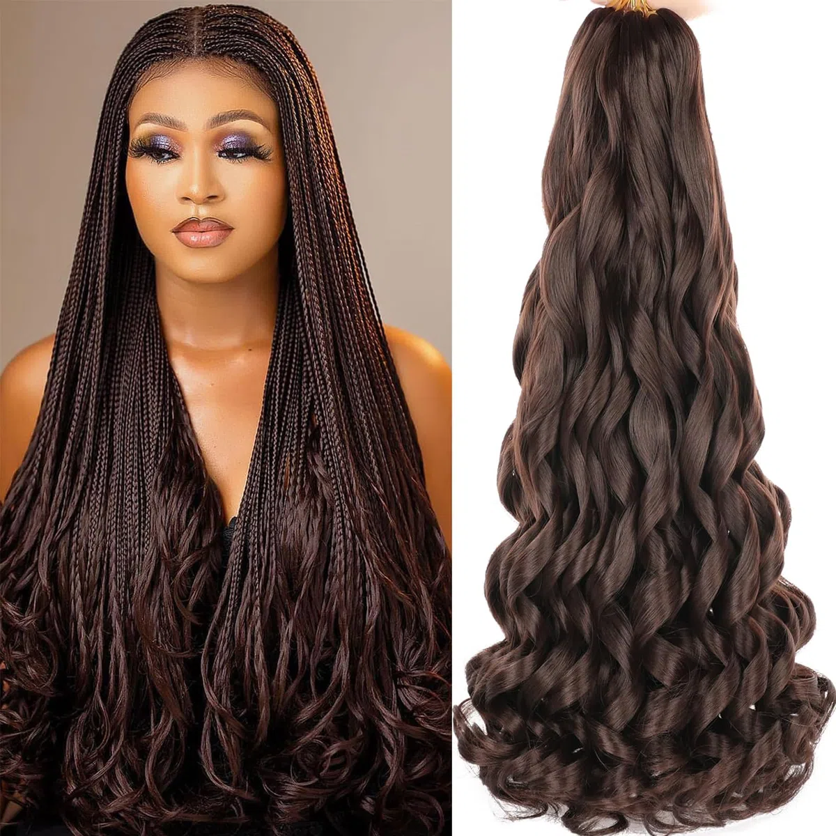 8 Packs French Curl Braiding Hair 24 Inch Loose Wave Spiral curly braiding hair extensions 75g/Pack Soft French Curls Synthetic Hair Extensions for Braiding（4#）