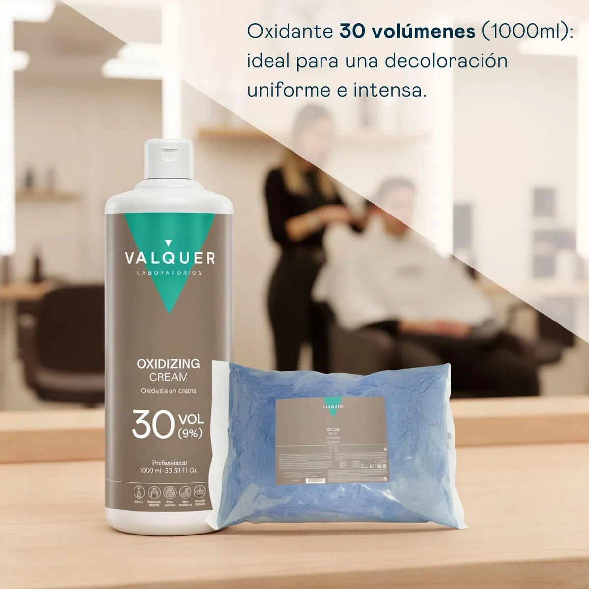 VALQUER Pack Decolorante de Pelo Profesional Permanente | Polvos Deco Blue 500 g y Agua Oxigenada 30 Vol 9% 1 L | Alta Aclaración del Pelo hasta 6 Tonos con Proteínas de Trigo | Vegano