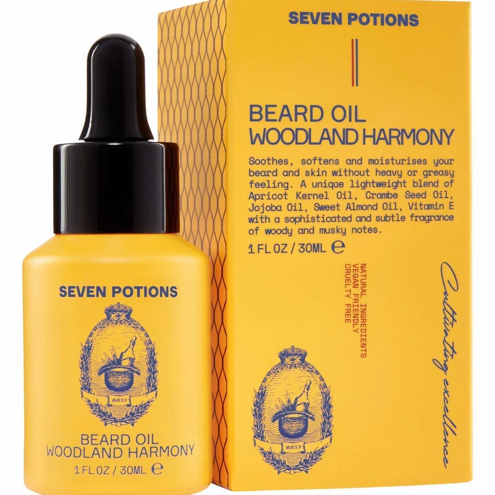 Aceite para Barba Prémium para Hombres de Seven Potions - Suavizante Aceite de Jojoba para Nutrir la Piel, el Pelo, y Evitar la Picazón de la Barba - Natural, Vegano (Woodland Harmony) (30ml)