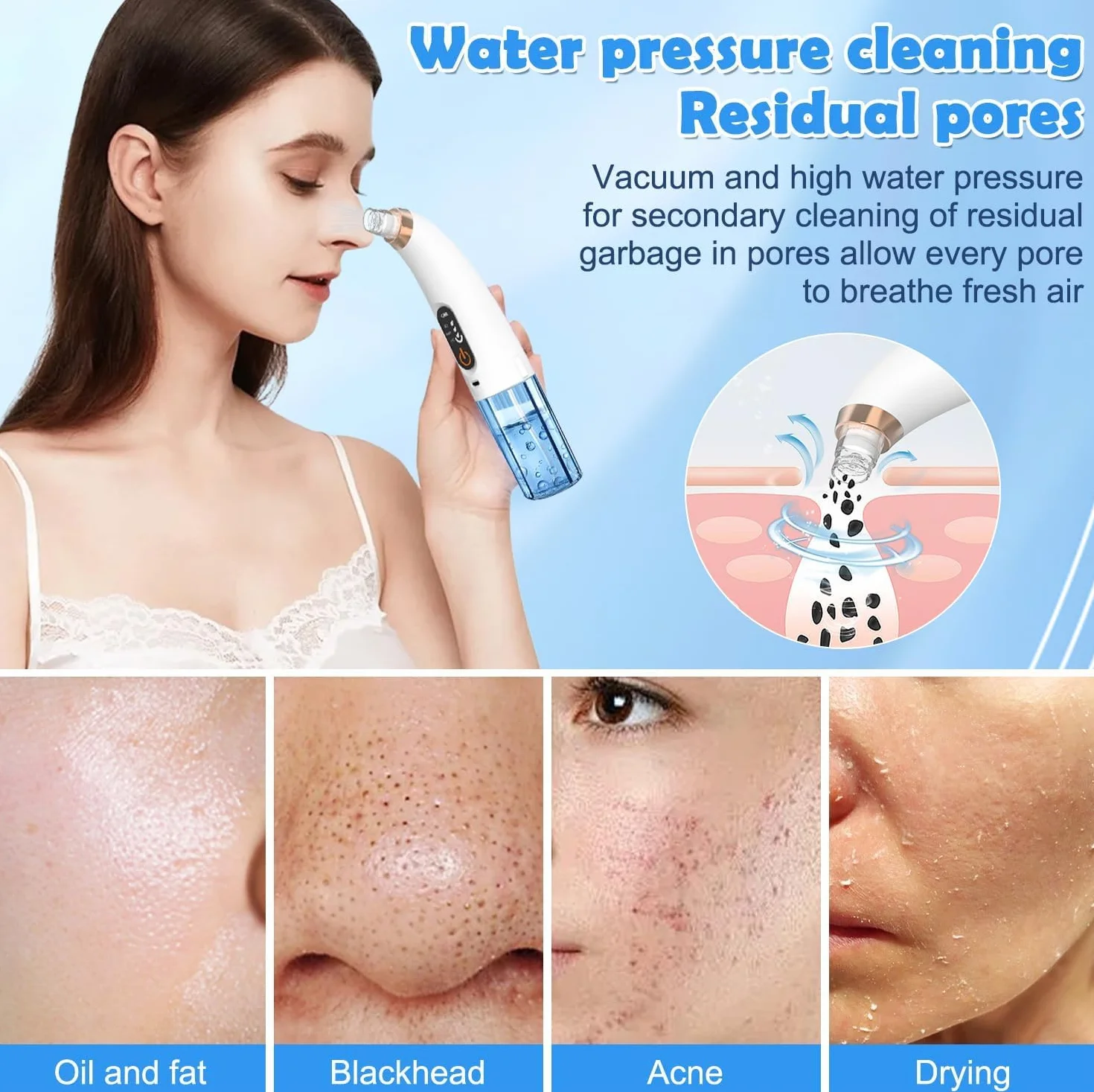 Succionador de Puntos Negros, Limpiador de Poros Facial Eléctrico Con 6 Cabezales y 3 Modos, Extractor de Puntos Negros Facial para Eliminars Puntos Negros, Comedones y El Acné Graso