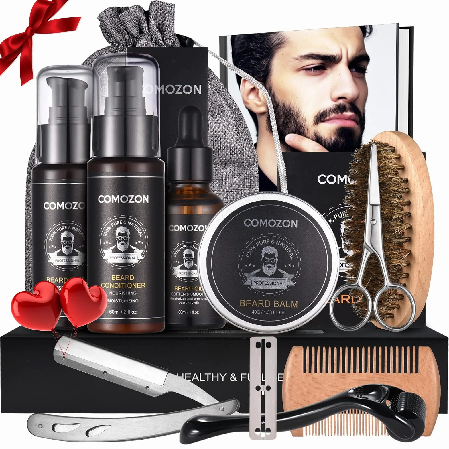 Kit Cuidado Barba Hombre 12 en 1 - Champú, Acondicionador, Aceite, Bálsamo, Rodillo, Afeitadora, Cepillo, Peine, Tijeras - Regalo Original para Hombres/Papá - Incluye Bolsa y Cesta