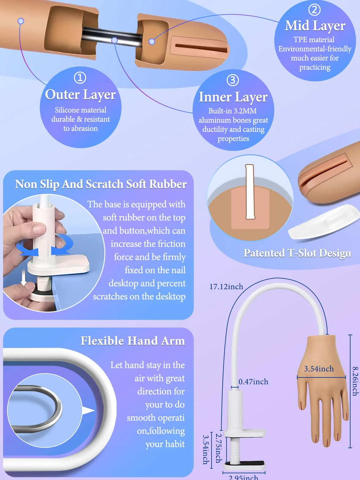 Yokilly Mano Para Practicar Uñas,Mano De Practicas De Uñas Y 100 Piezas De Clavos Reemplazables,Silicona Flexible Mano De Practicas Para Uñas Manicura