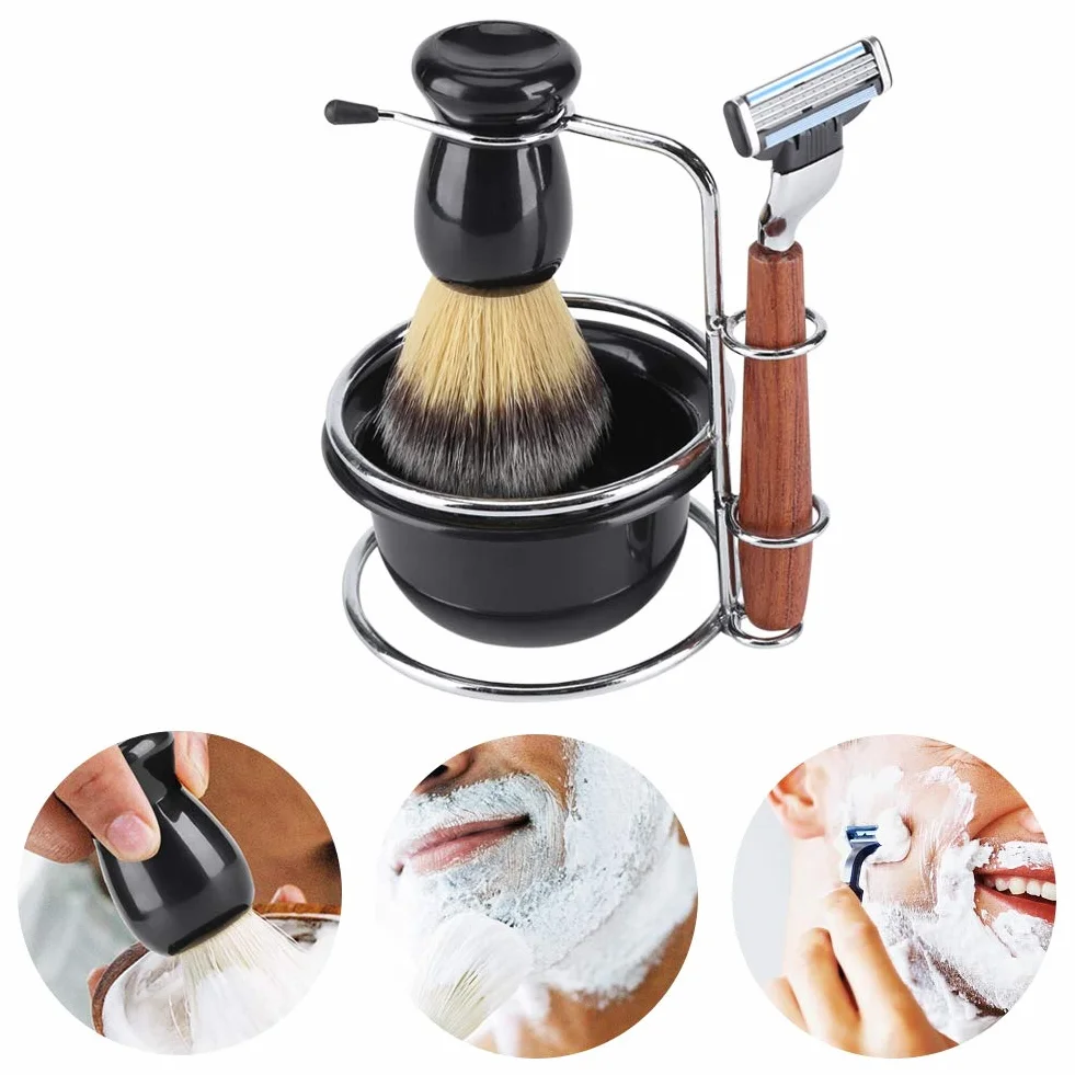 Kit de afeitar de 4 piezas Juego de afeitadora de afeitar Manual de afeitar + Soporte de soporte de acero Stainess + Brocha + Juego de tazón