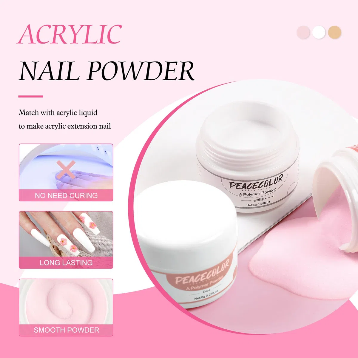 Peacecolor Kit Uñas Acrílicas con 6W Lampara Uñas, 27Pcs Acrilico para Uñas Profesional con 30ml Monomero, Kit de Acrílico Para Extensión de Uñas Acrílicas para Principiantes, Blanco Rosa Nude