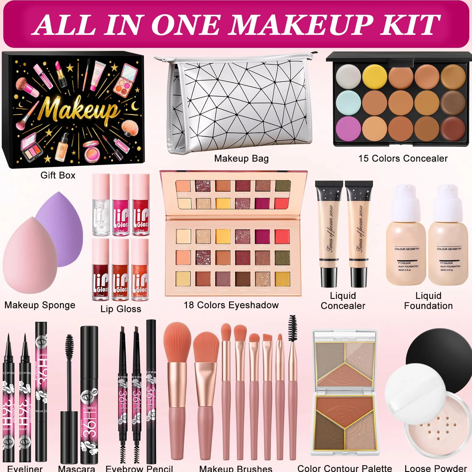 Set Maquillaje Mujer, Set Regalo Maquillaje Adolescente, Kit de Maquillaje Profesional Completo con Paleta Sombras de Ojos Corrector Contorno Base Líquida Eyeliner Mascara Gloss Labios Pinceles