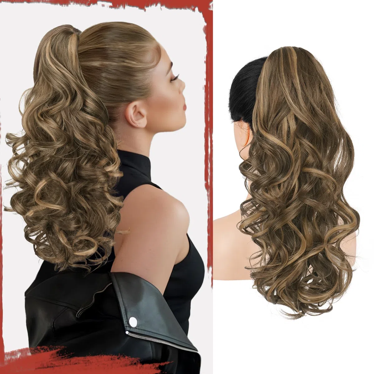 Sofeiyan Coleta Postiza Rizada 43cm con Pinza de Garra, Extensión de Pelo Sintético de Aspecto Natural Cola de Caballo Falsa para Mujer, Rubio Miel Mezclado con Castaño Claro