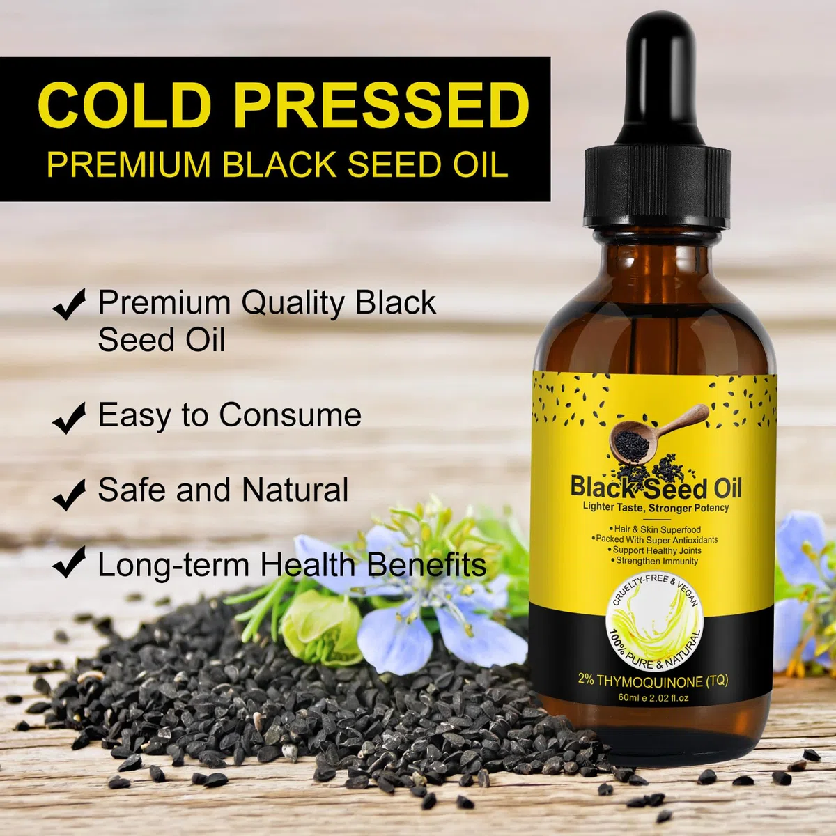 Aceite de semilla negra,100% puro,natural y premium prensado en frío,Lo mejor para el crecimiento del cabello,el cuidado de la piel y la protección de las articulaciones: aceite semilla negra orgánico
