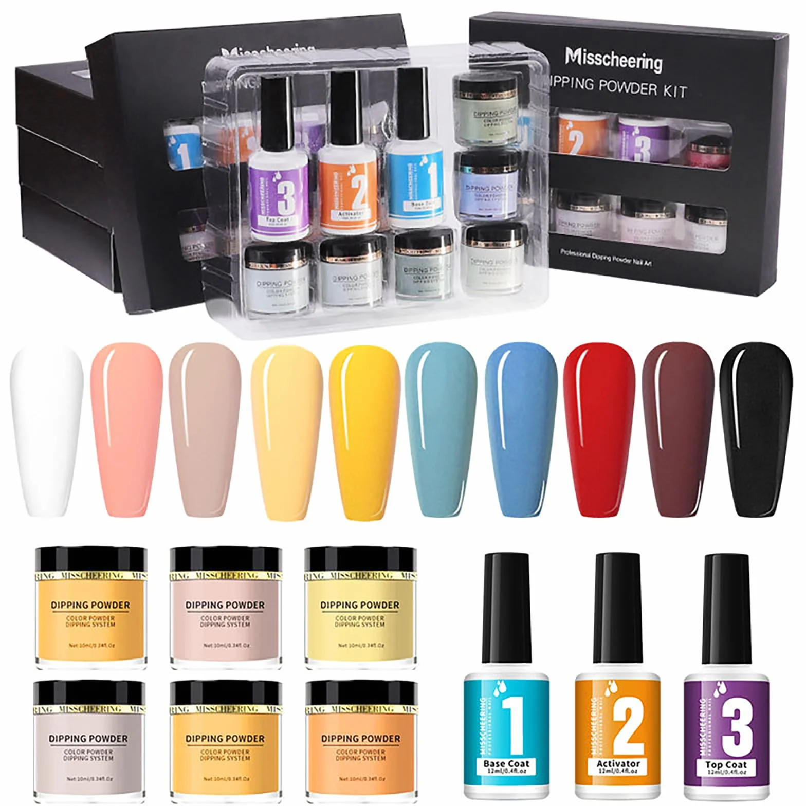 Kit de Polvo de Inmersión de Uñas, RoseFlower Juego de Iniciación en polvo para uñas 6 Colores Nude, polvo de Inmersión Rojo Purpura, Kit Manicura Francesa con Capa Base, Capa Top