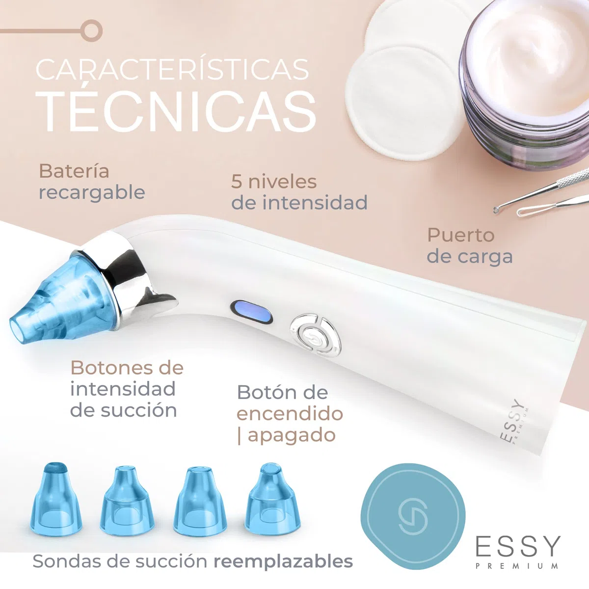 Essy Limpiador de Poros Succionador de Puntos Negros y Espinillas Extractor Puntos Negros Removedor Aparato para Quitar Acne Microdermoabrasion Limpia Poros Blackhead Remover Vacuum Pore Cleanser