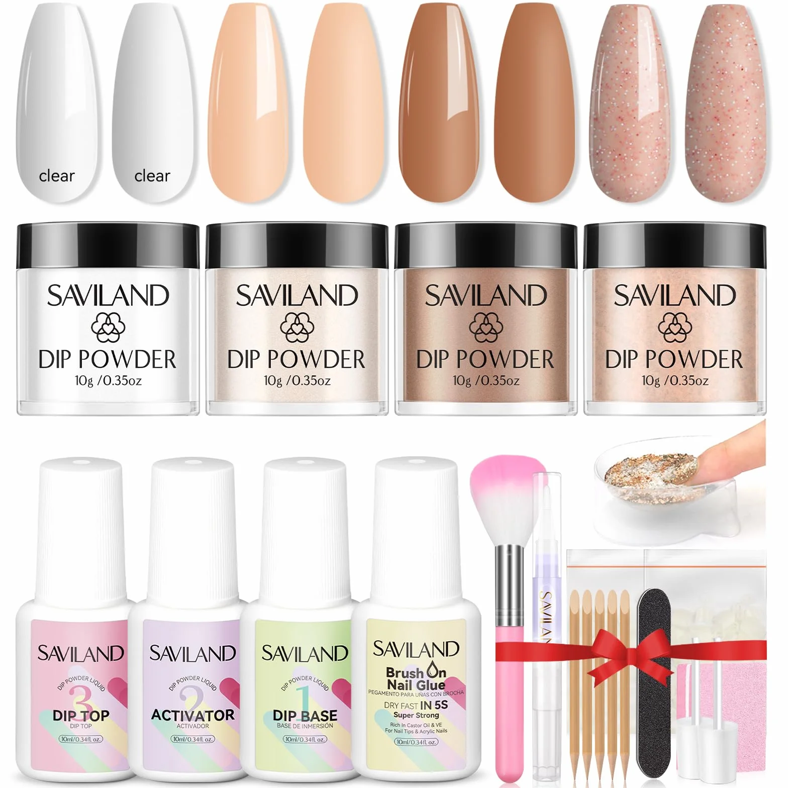 Saviland Dip Powder Nail Kit: 4 Colores de Queratina en Líquido de Polvo de Inmersión con uñas Francesas Consejos y Pegamento Dip Base & Top Coat Uñas Activador (No Necesita Lámparas de Uñas)
