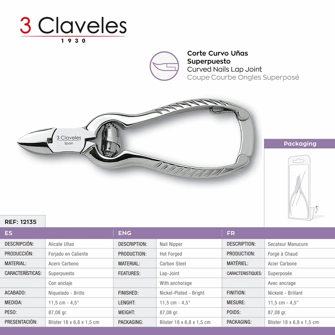 3 Claveles - Alicate Para Uñas .5 Cm, Alicate De Pedicuro, Acero Carbono, Forjado, Niquelado, Para Cortar Uñas Gruesas, Brillo