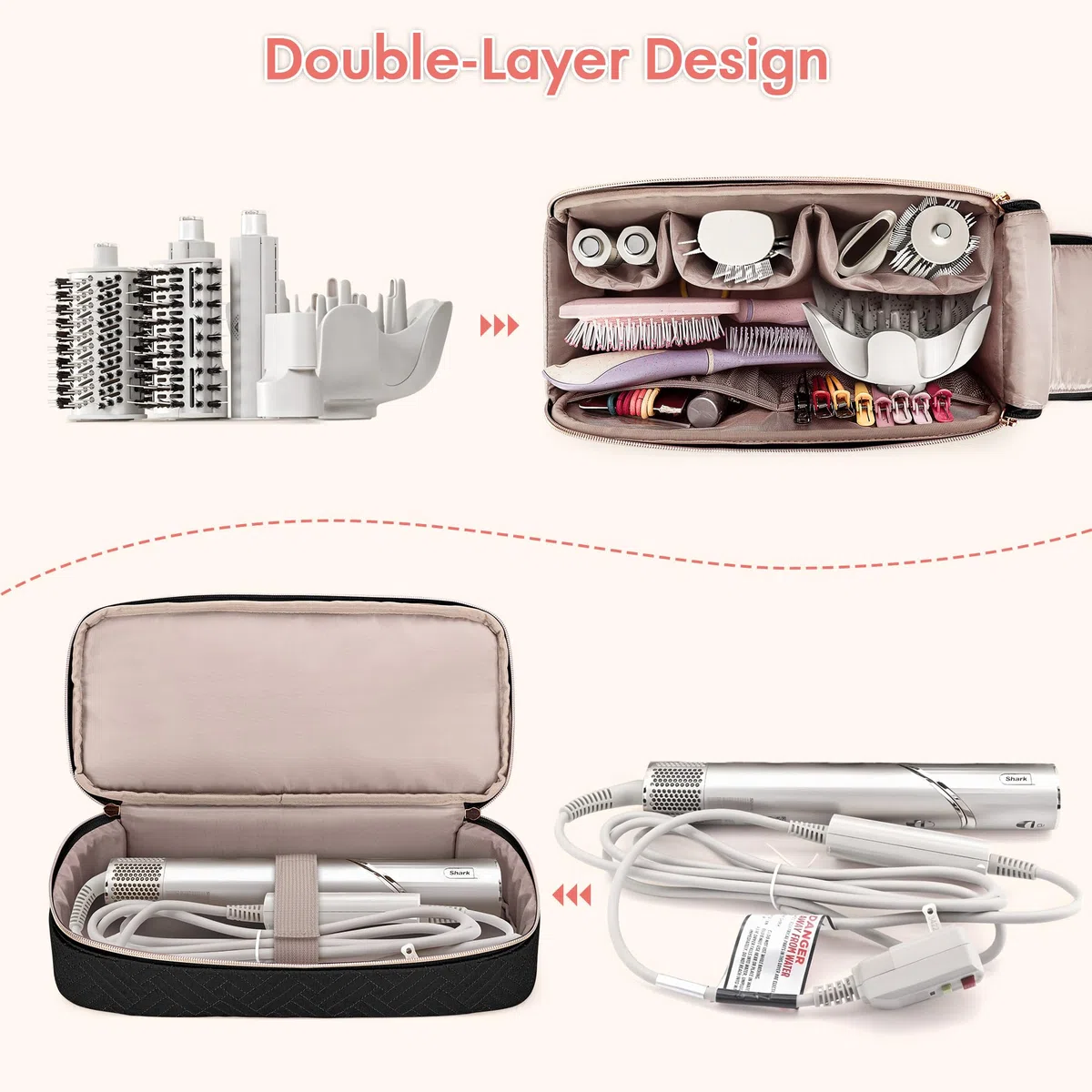 Teamoy Estuche de almacenamiento de viaje de doble capa compatible con secador de pelo Dyson, organizador portátil de gran capacidad para secador de pelo y accesorios, Negro