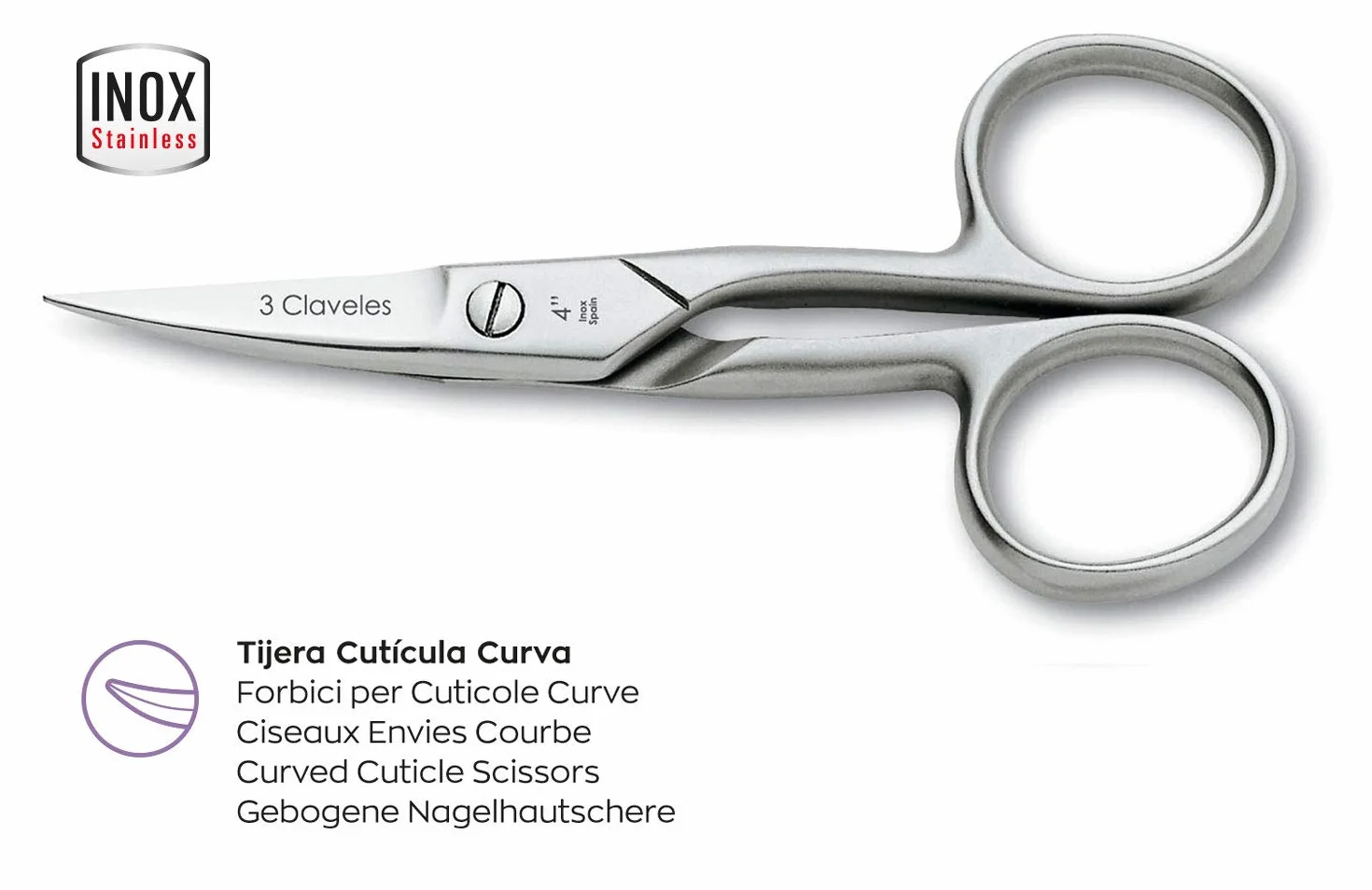 3 Claveles Tijeras uñas tijera cortaúñas con hojas curvas para manicura para dar formas a las uñas de las manos de acero inoxidable 10 cm 4"