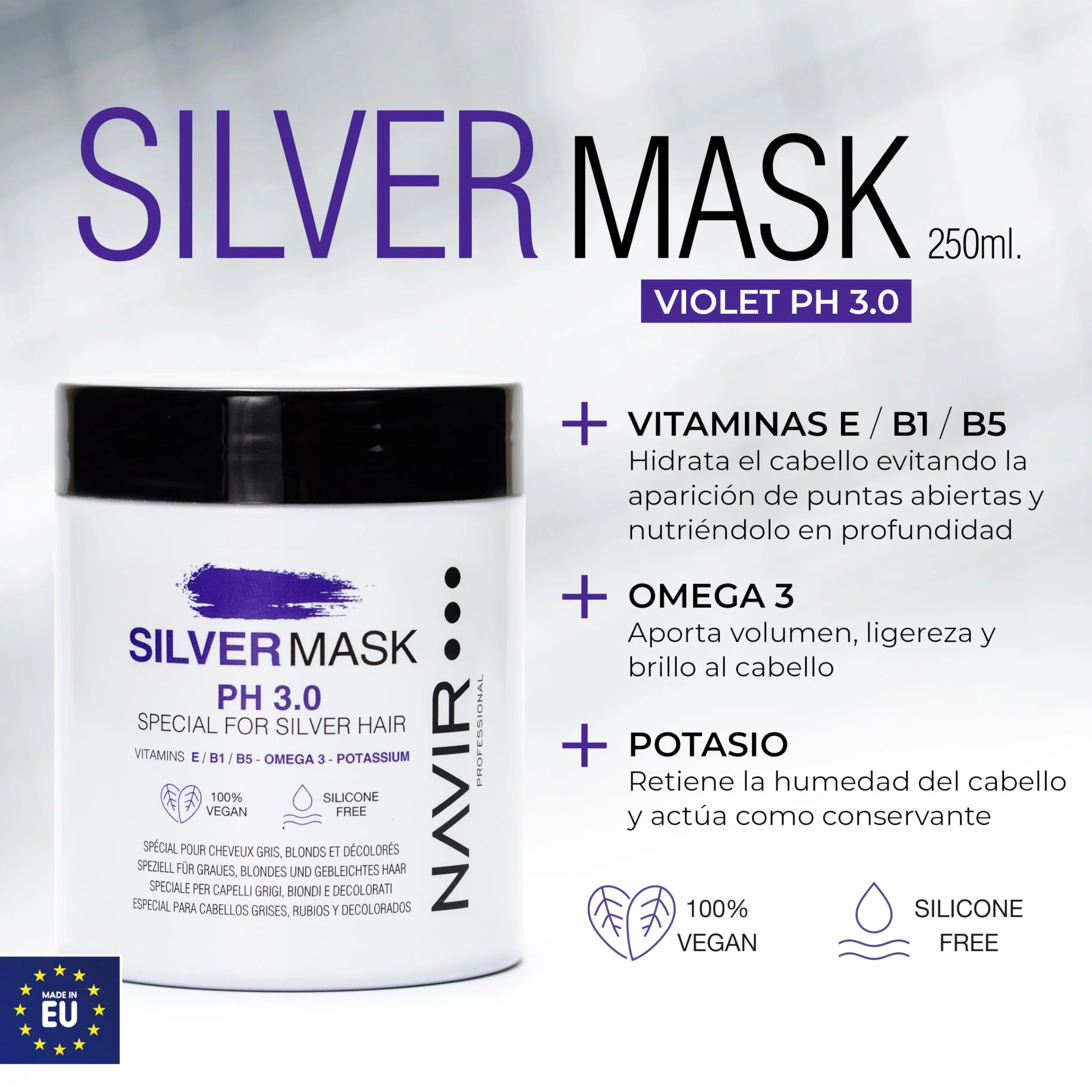 NAVIR Profesional | Champú Morado y Mascarilla SILVER | Matizador para cabellos grises, rubios y decolorados (Champú 300 ml + Mascarilla 250 ml)