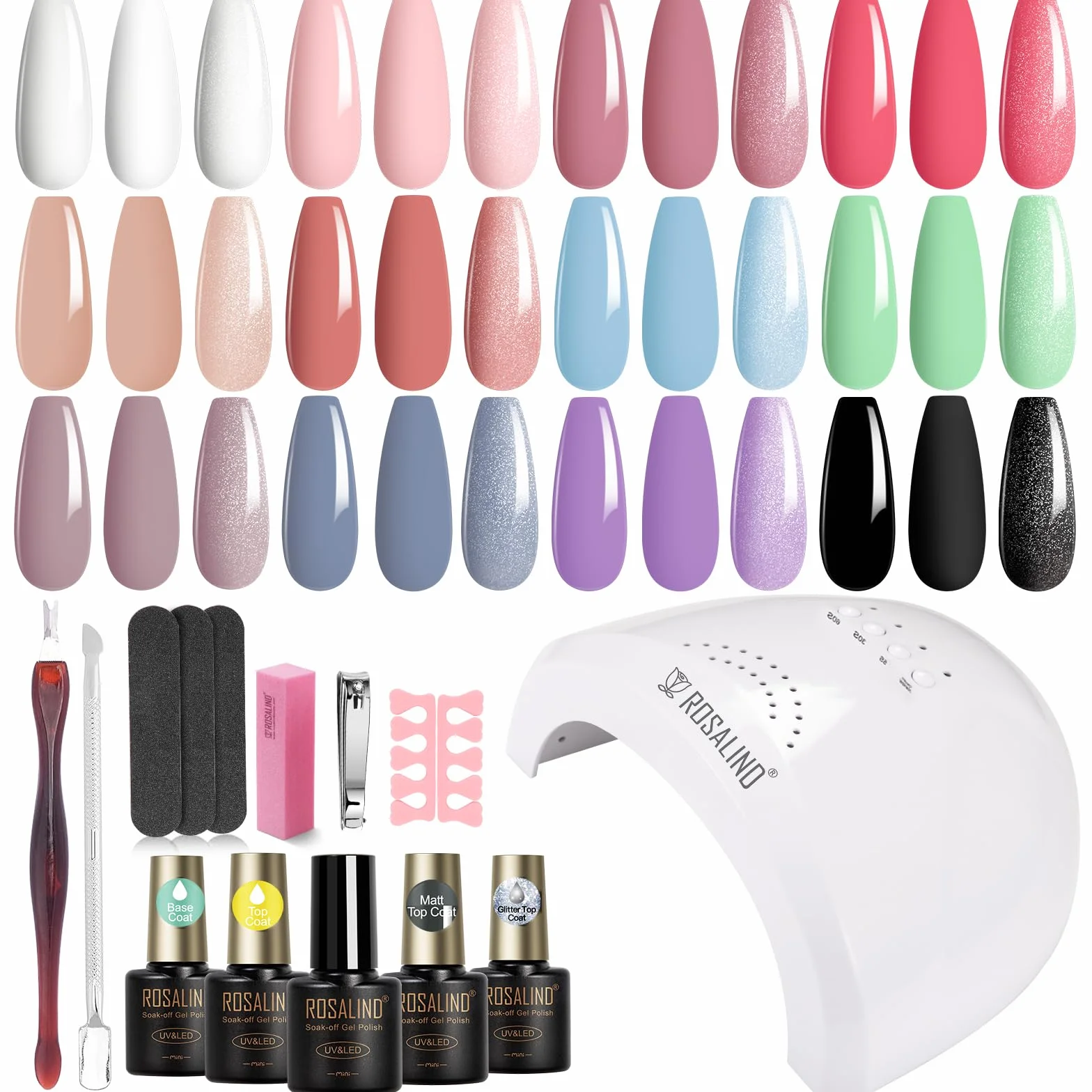 ROSALIND Kit Uñas Semipermanentes, 48W Lampara uñas semipermanentes, 12+4 PCS Kit Pintauñas Gel Completo Lámpara UV Blanco Rosa Azul Verde Morado Esmaltes Permanentes Manucira