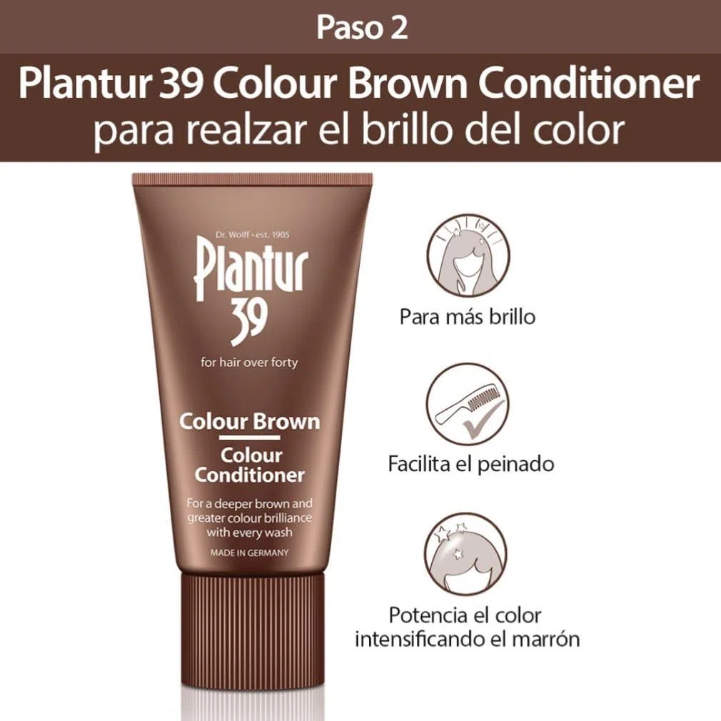 Champú de fitocafeína Plantur 39 color castaño, 250 ml + acondicionador, 150 ml – para un castaño profundo, contra la pérdida de cabello por la menopausia