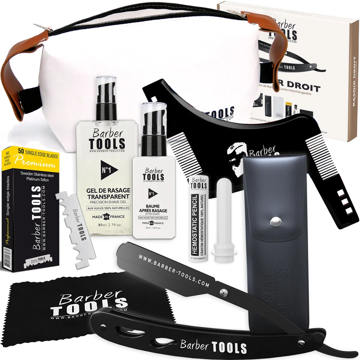 Kit de afeitadora de barba para hombre/navaja de afeitar de barba - con 50 cuchillas + peine guía + gel de afeitar transparente de 80 ml + aftershave de 30 ml + alumbre en barra + bolsa grande