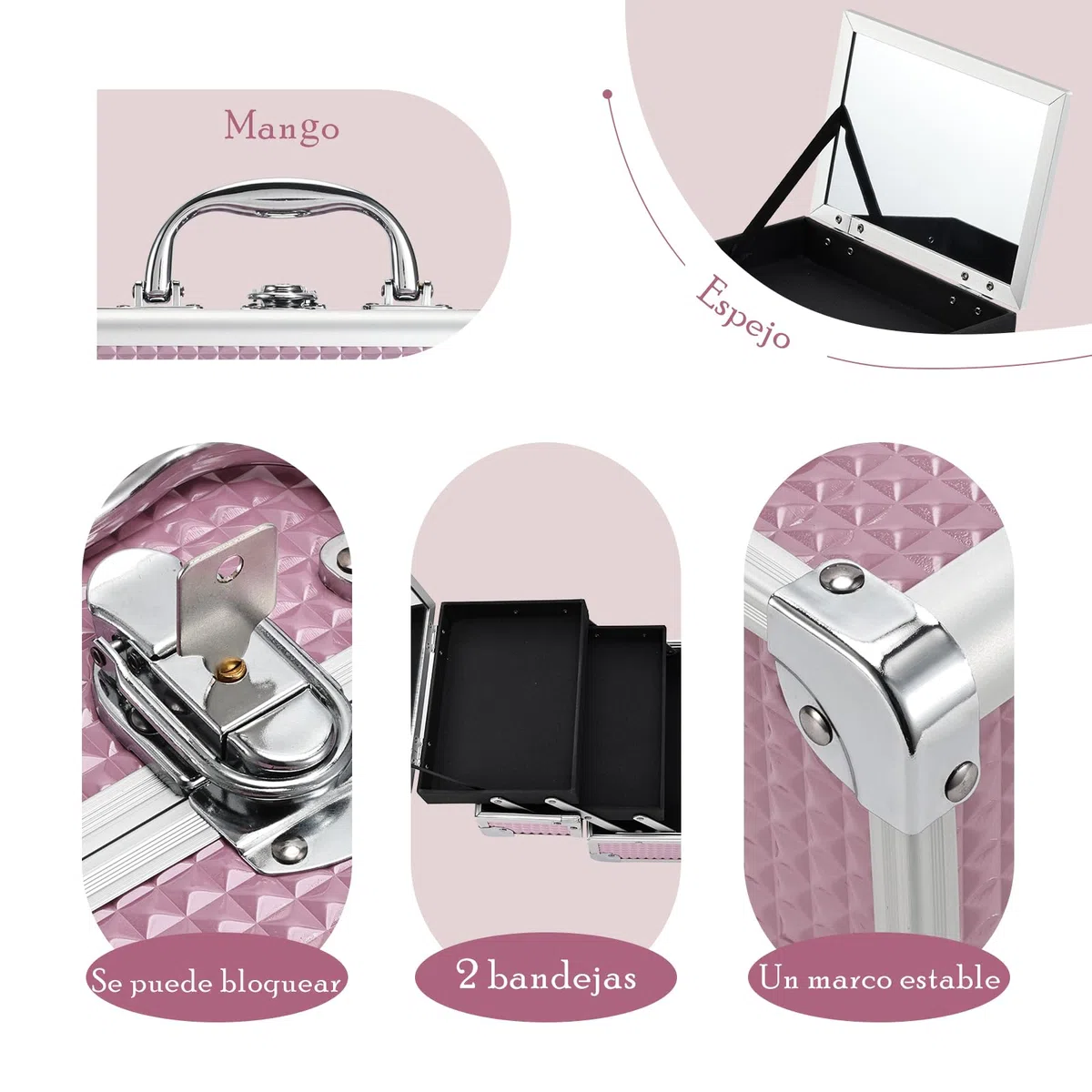 Maletín Maquillaje Rosa Estuche Maquillaje Caja Maquillaje Cosméticos Vacío Profesional con Espejo y Cerradura 19.5x15x16cm Regalos para Mujeres,Rosa