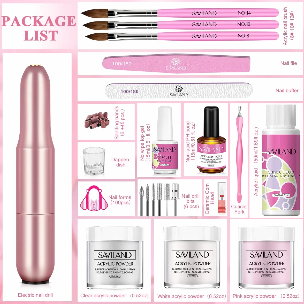 Saviland Kits De Uñas AcríLicas Para Principiantes: Polvo AcríLico Rosa Blanco Transparente, Cepillo De Uñas Líquido AcríLico, Taladro Eléctrico Para Uñas, Imprimación Para Uñas