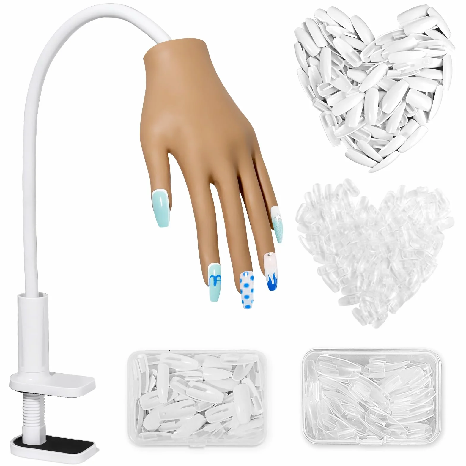 Mano para Practicar Uñas - Silicona Mano de Práctica con 200 Piezas de Uñas - Flexible Dedos para Practicar Uñas para Principiantes Salón Casa