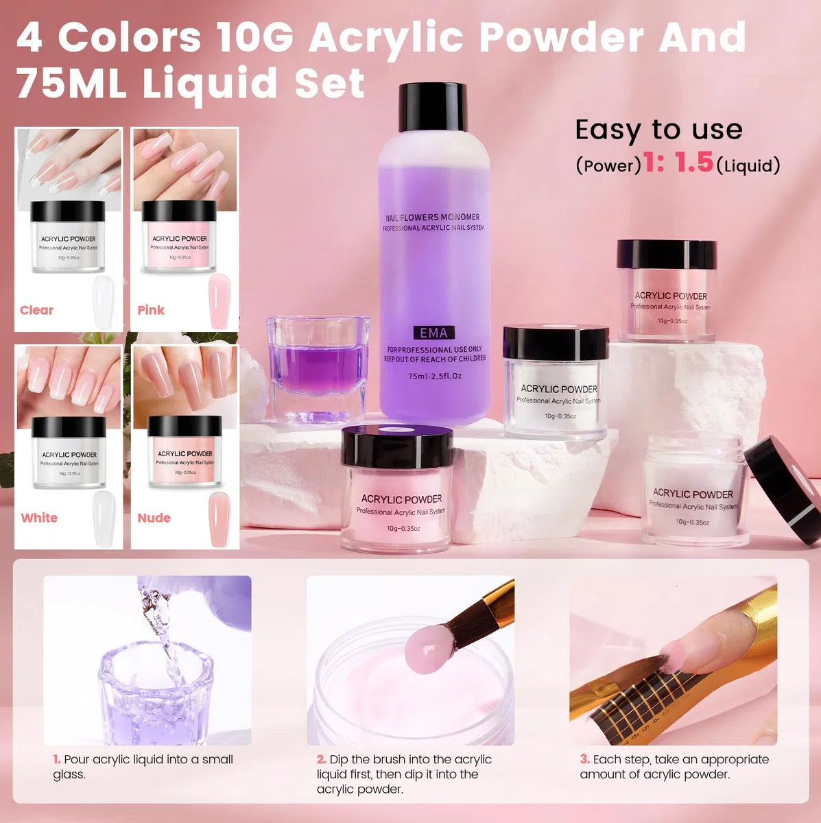 Polvo Acrilico Para Uñas: 4 Colores Acrílico En Polvo Set 2 Dedos Ejercicio Ajustables Con 100 Puntas De Uñas/3 Lápices De Arte De Uñas/Pegatinas Florales/Archivo De Uñas Profesional Kits Completo