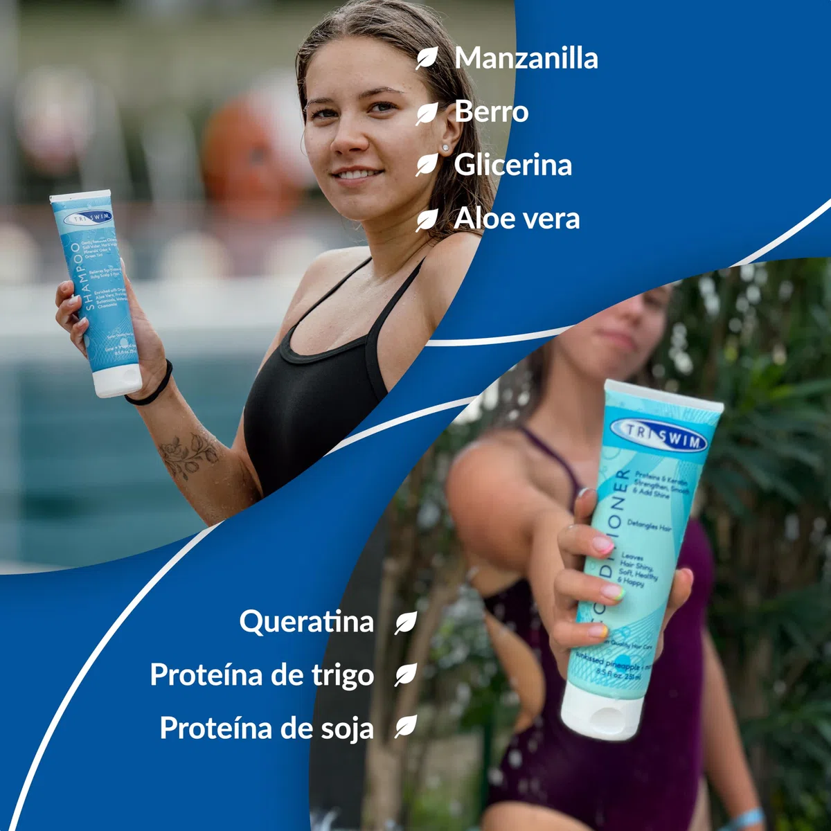 TRISWIM - Lote de champú y acondicionador para después de nadar, tratamiento capilar anticloro para nadadores, elimina el tinte verde, vegano y libre de crueldad animal (251+250 ml)