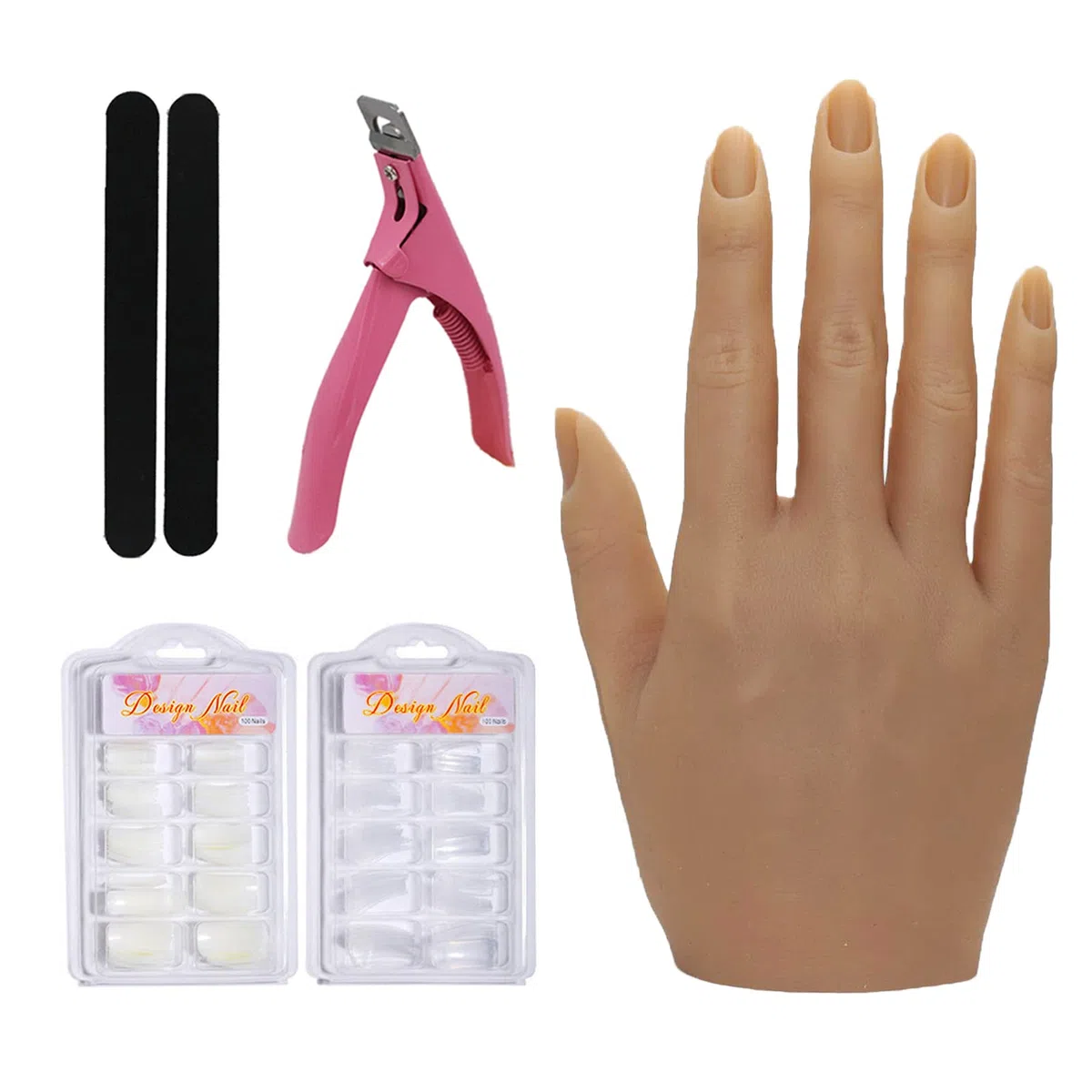 Silicona Mano de Práctica de Uñas, Modelo de Práctica de Mujer Mano Artificial Flexible y Suave Uñas Arte Modelo Hembra Silicona Maniquí Manos con 200 piezas Puntas de Uñas