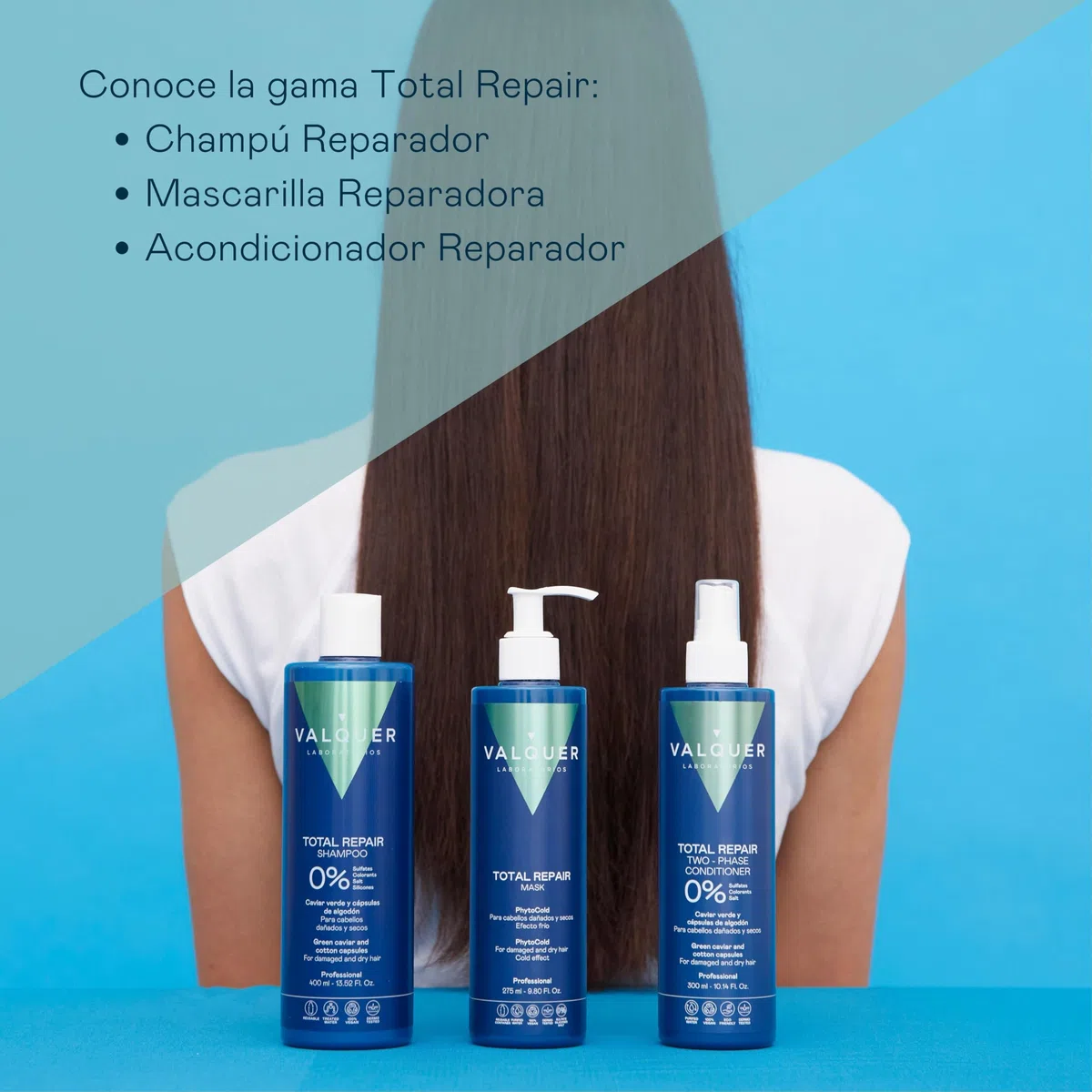 Valquer Sérum Capilar Intensivo Total Repair. Tratamiento Reparador para Cabellos Dañados y Secos con Panthenol y Vitamina E. Brillo, Suavidad y Acabado Perfecto. Vegano. 275 ml