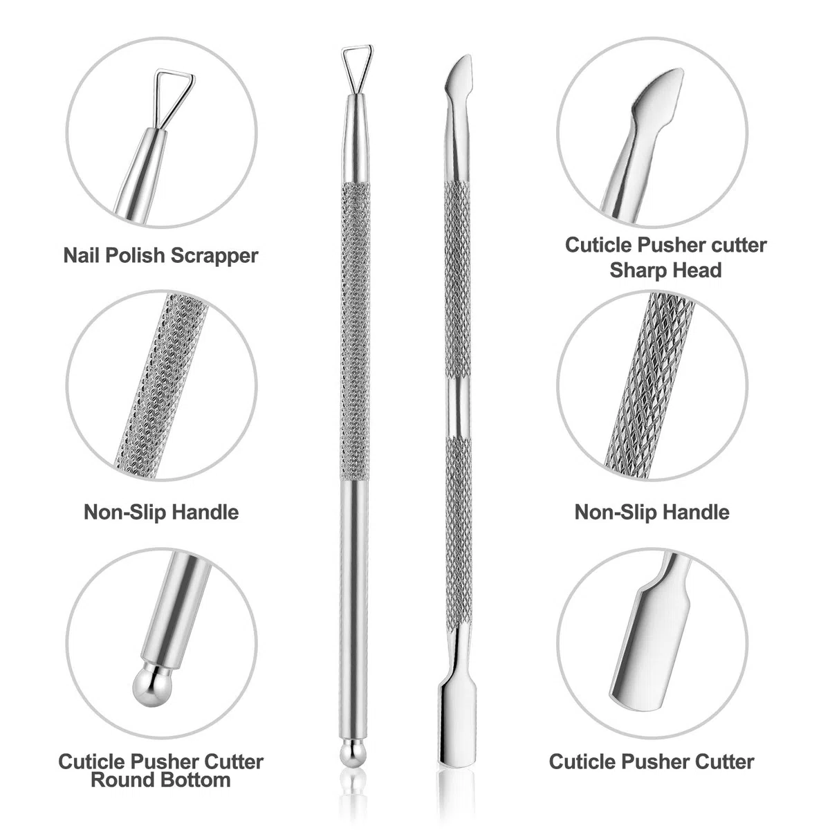 YINYIN - Cortacutículas con empujador de cutículas y cortador de cutículas, cortador profesional de acero inoxidable, herramientas de manicura de pedicura para uñas de manos y pies (plateado)