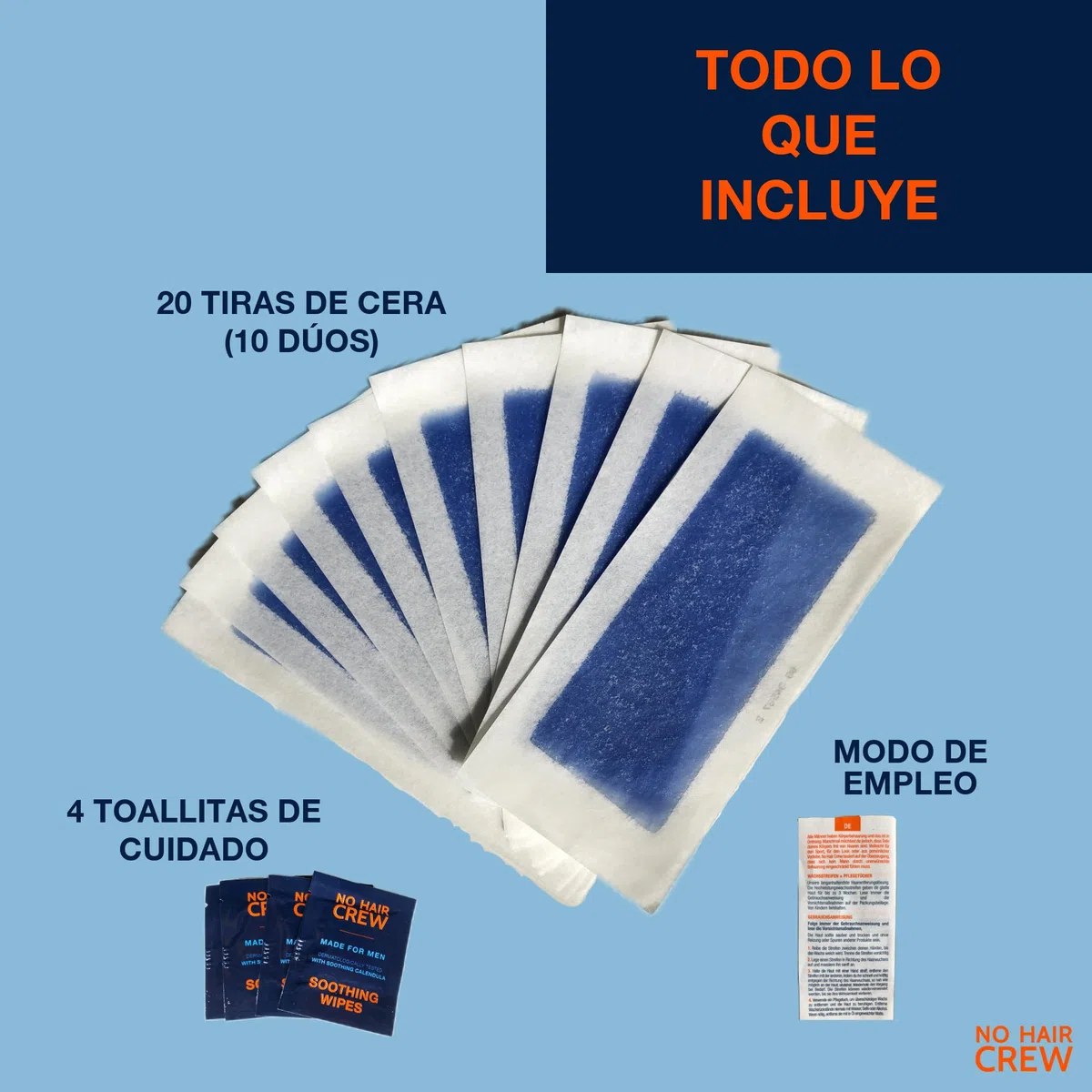 NO HAIR CREW 3x20 Bandas Depilatorias Hombre – Hasta 3 Semanas Sin Vello | Para pecho, espalda, brazos y piernas. Elimina el vello de raíz para una piel suave y un crecimiento más suave.