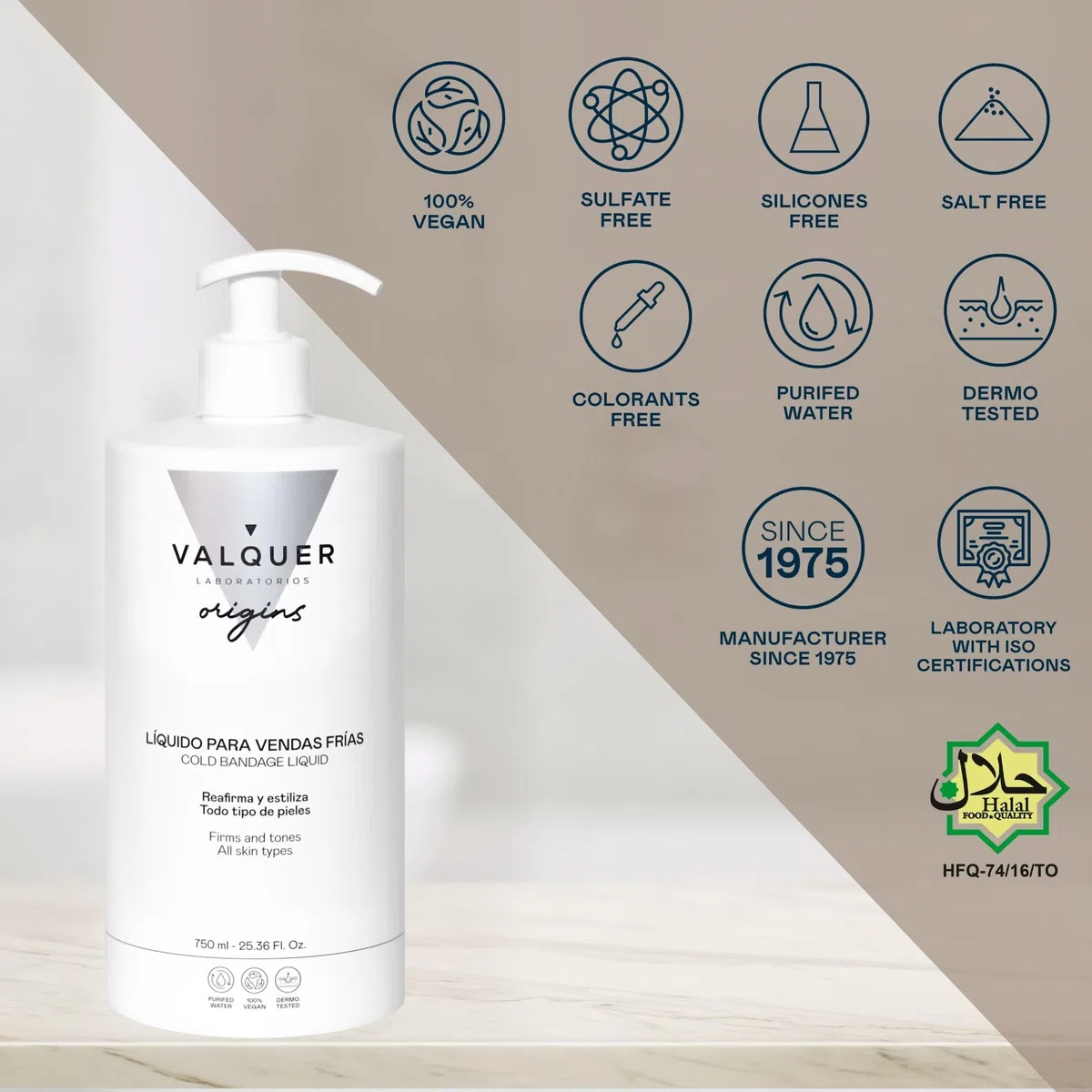 VALQUER ORIGINS Líquido de Vendas Frías para Alivio de Piernas Hinchadas o Cansadas | Piernas Ligeras | Mejora la Circulación Sanguínea con Extractos Naturales y Algas | 750 ml