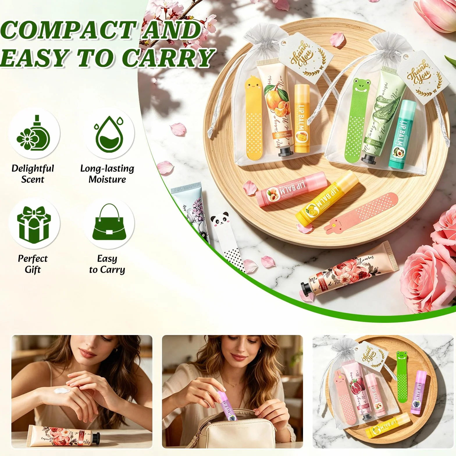 Set de Regalo de 100 Piezas con Crema de Manos, Mini Regalos para Mujeres que Incluyen Cremas de Manos, Bálsamos Labiales, Mini Limas de Uñas, Bolsitas de Organza y Tarjetas de Agradecimiento