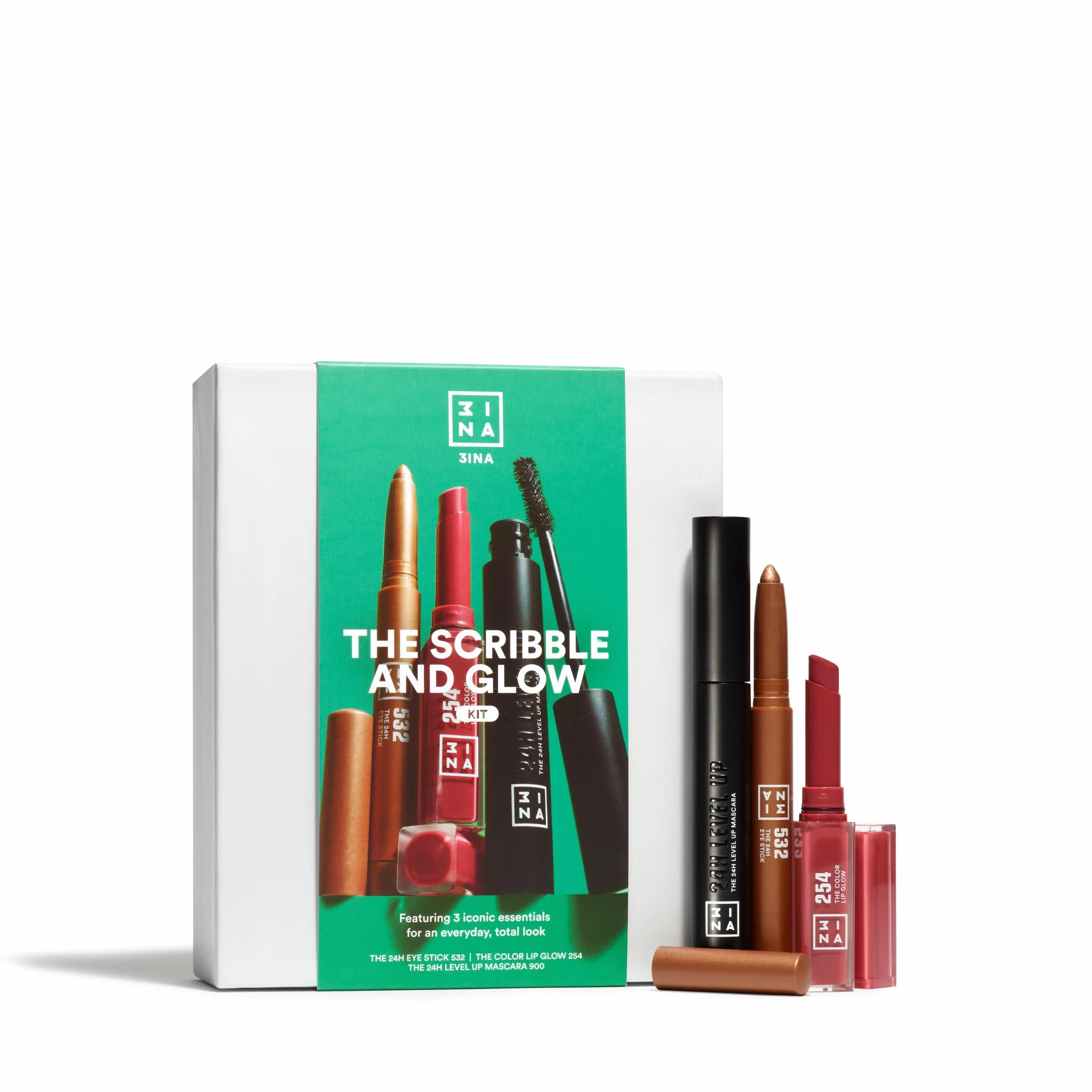 3INA MAKEUP - The Scribble and Glow Kit - Set Maquillaje - 24h Eye Stick 532 + Color Lip Glow 254 + 24h Level Up Mascara 900 - Sombra de ojos + Labial + Mascara - Vegan - Cruelty-Free