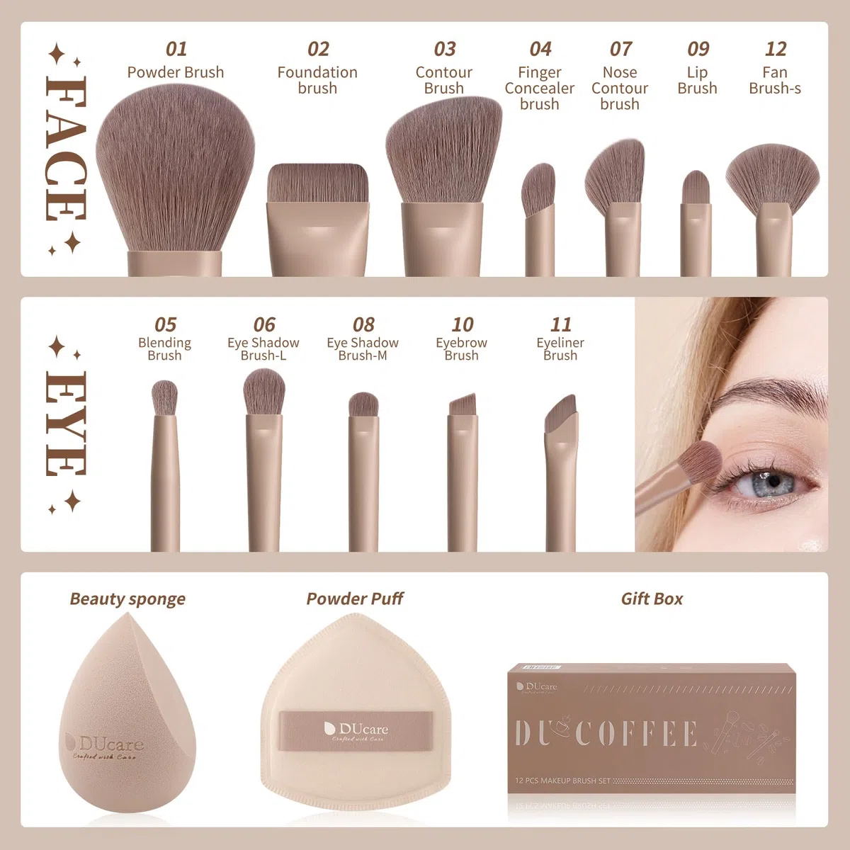 DUcare Juego de regalo de maquillaje de 14 piezas, set de 12 pinceles de maquillaje serie café con 2 esponjas de maquillaje para mezclar base, polvo facial, rubor, sombras de ojos