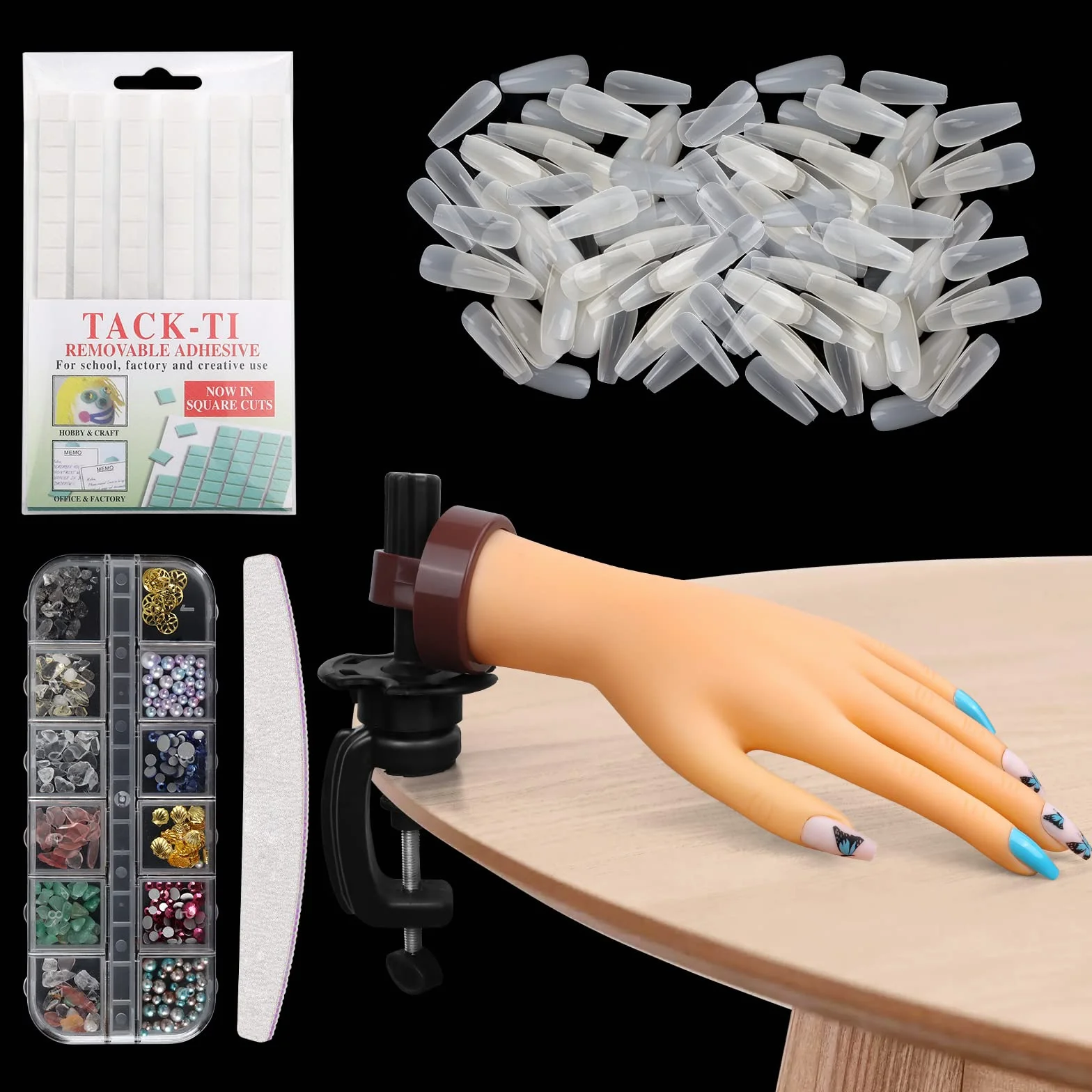 LIONVISON Mano para Practicar Uñas acrílicas, Manicura Flexible Mano de Practicas de Uñas y 200 Piezas de Uñas Acrilicas para Uñas Manicural