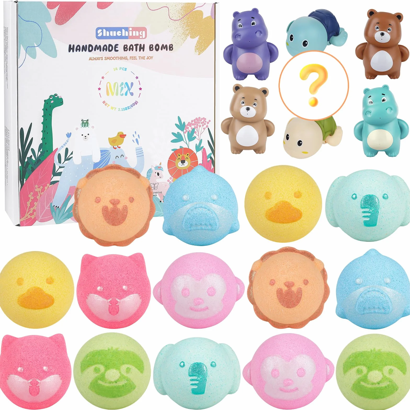 SHUCHING 14 Bombas de Baño Animales para Niños, Bolas de Baño Infantiles con una Pistola de Agua, Set de Regalos Orgánico Natural para Cumpleaños Fiestas