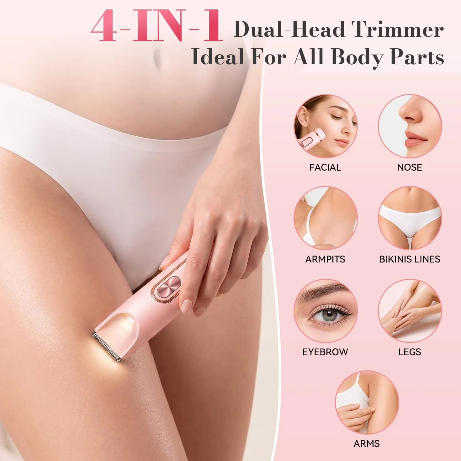 JTF Depiladora Eléctrica para Mujer 4 en 1, Afeitadora de Doble Cabeza IPX7 Impermeable para Bikini, Axilas, Facial, Nariz y Cejas – Afeitadora Mujer Zona Intima Uso Húmedo y Seco (Rosa)