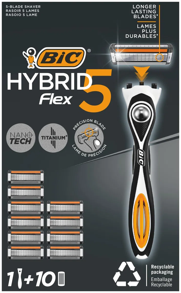 BIC Hybrid 5 Flex Maquinilla Recargable para Hombre, 1 Mango con Contrapeso y Recambios de Hojas Móviles Recubiertas de Titanio con Nanotecnología - Pack de 1+10