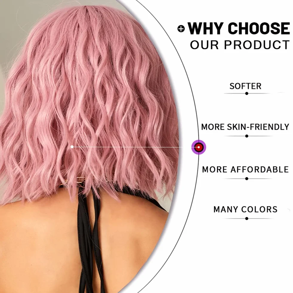 Esmee Peluca Bob Rosa Ondulada Corta para Mujeres Pelucas de Cabello Sintético Natural con Flequillo para Uso en Fiestas Cosplay -12 Pulgadas